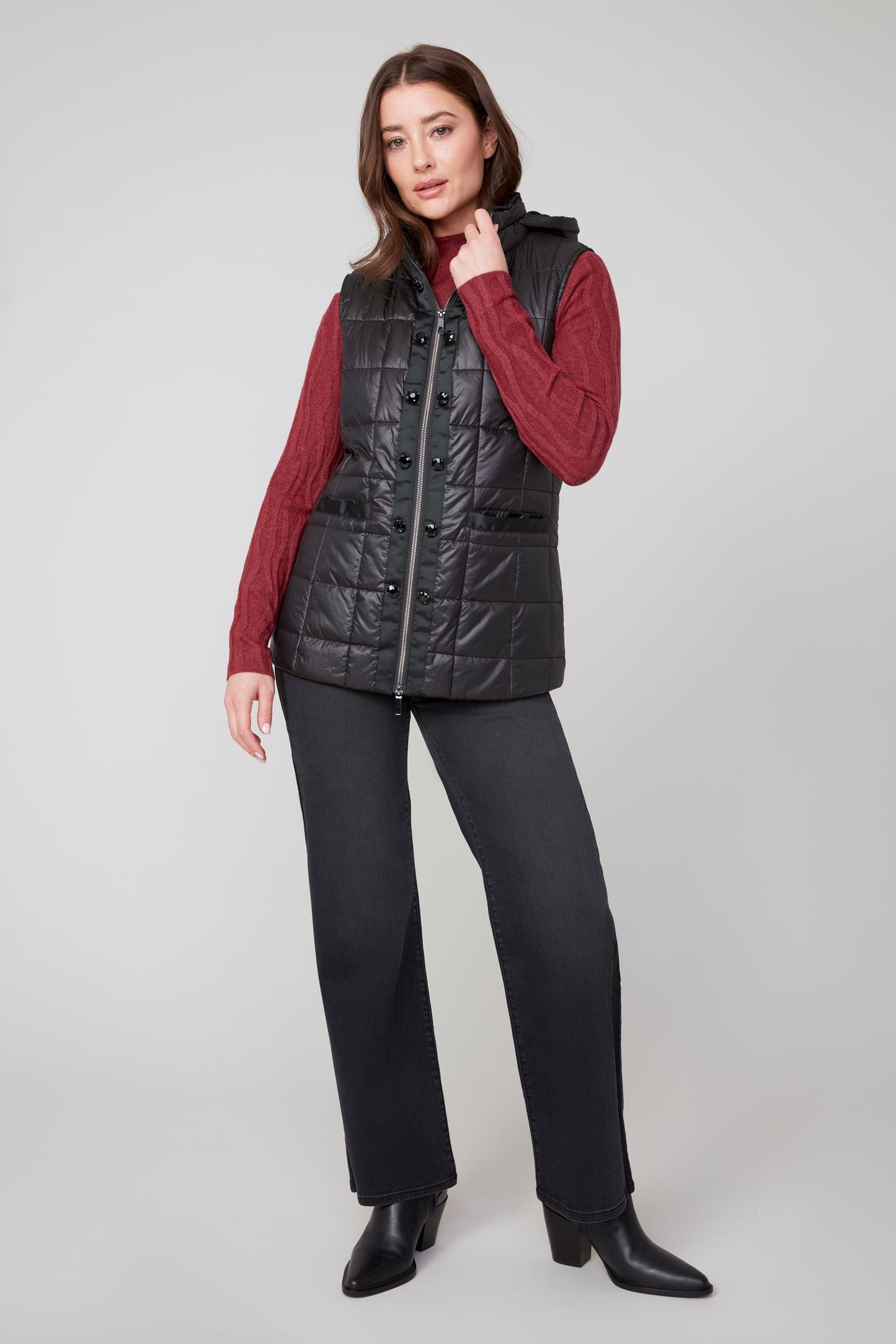 Hooded Quilted Rhinestone Placket Vest. Style REN3907L-E3034