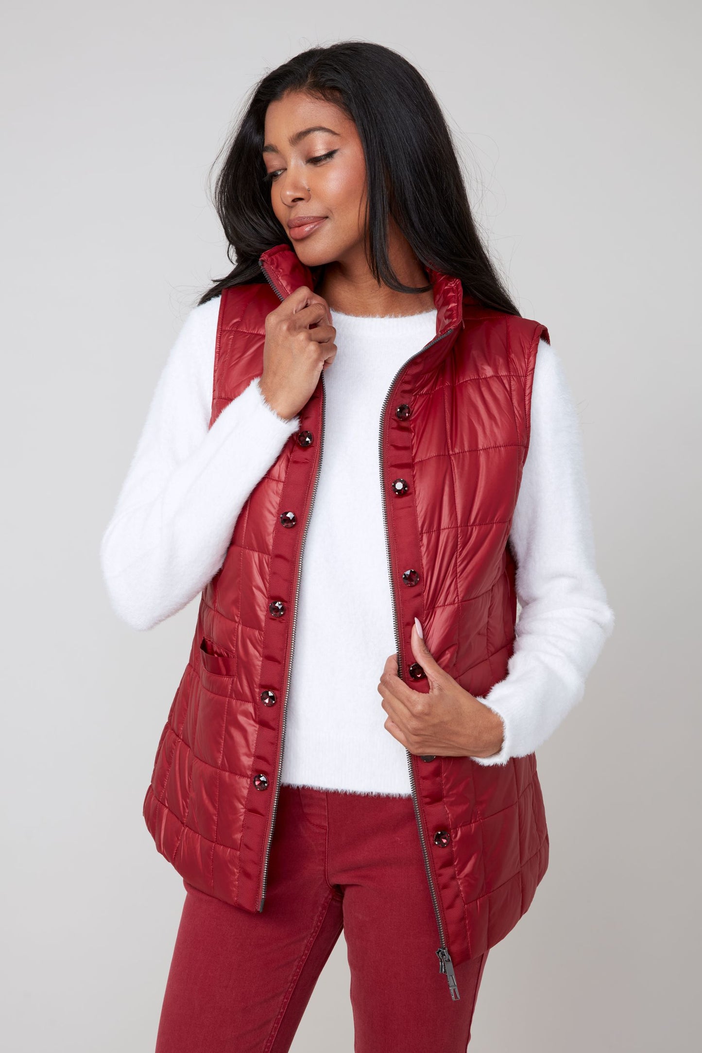 Hooded Quilted Rhinestone Placket Vest. Style REN3907L-E3034