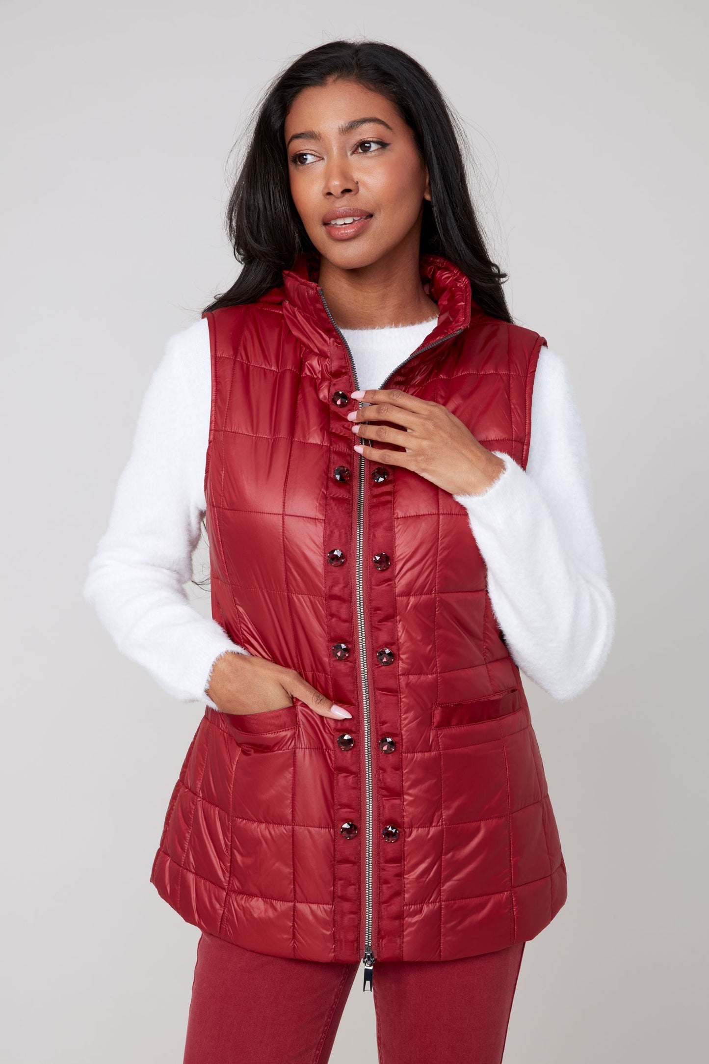 Hooded Quilted Rhinestone Placket Vest. Style REN3907L-E3034