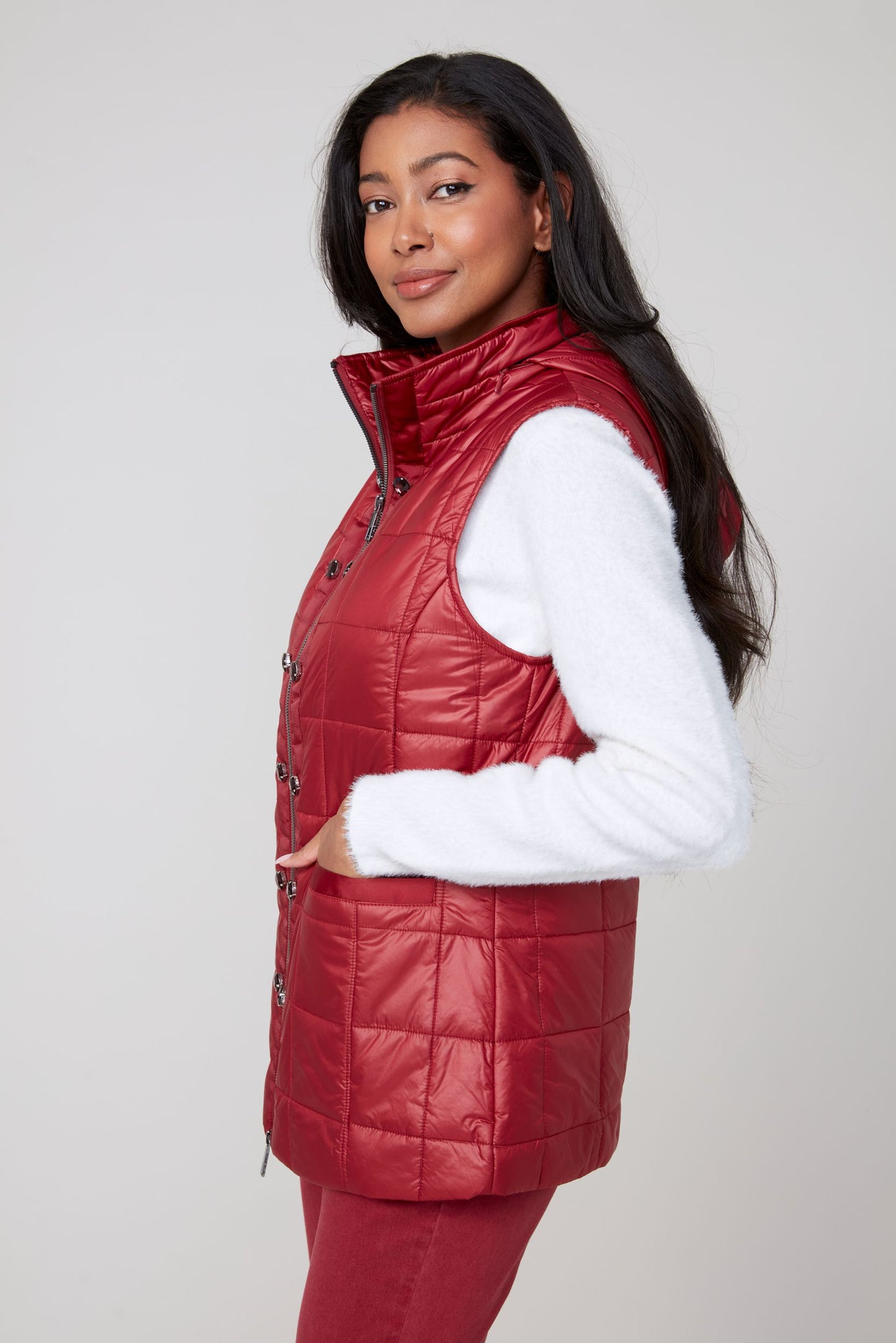 Hooded Quilted Rhinestone Placket Vest. Style REN3907L-E3034