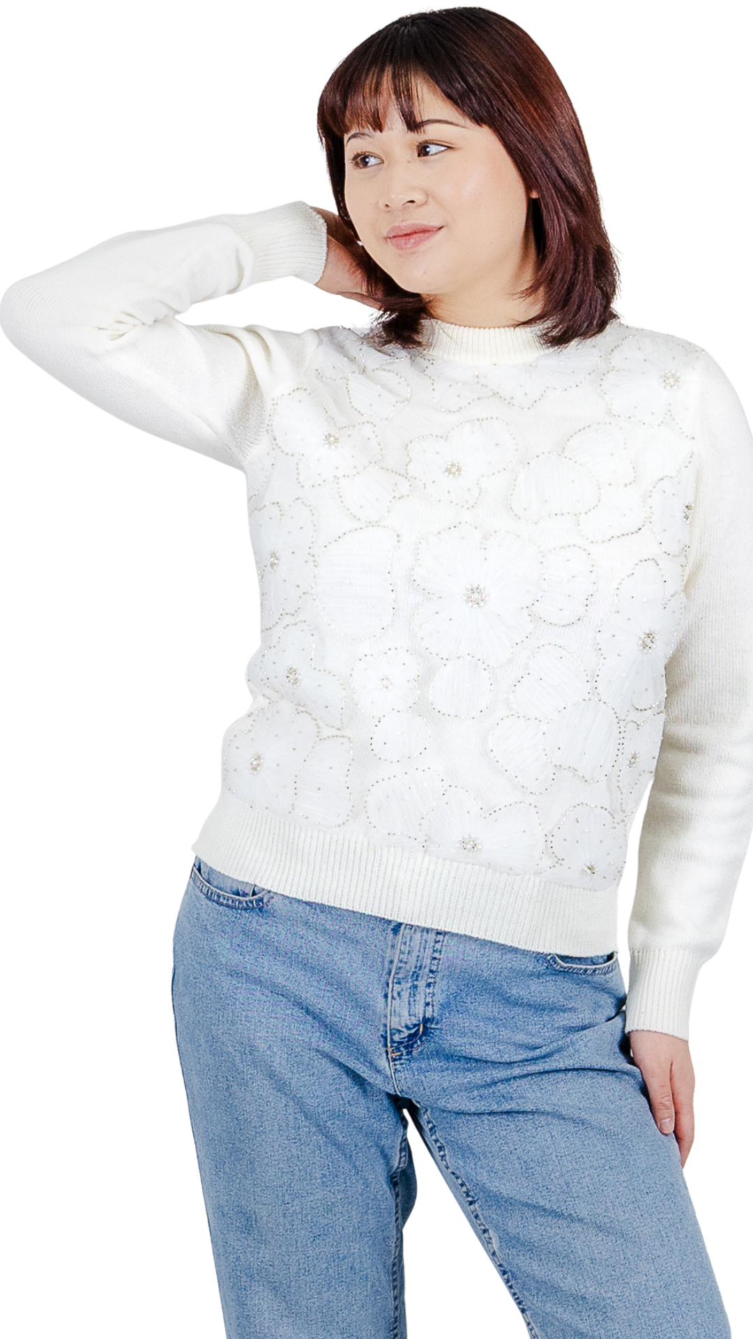 Floral Mesh Overlay Long Sleeve Sweater. Style FS262217