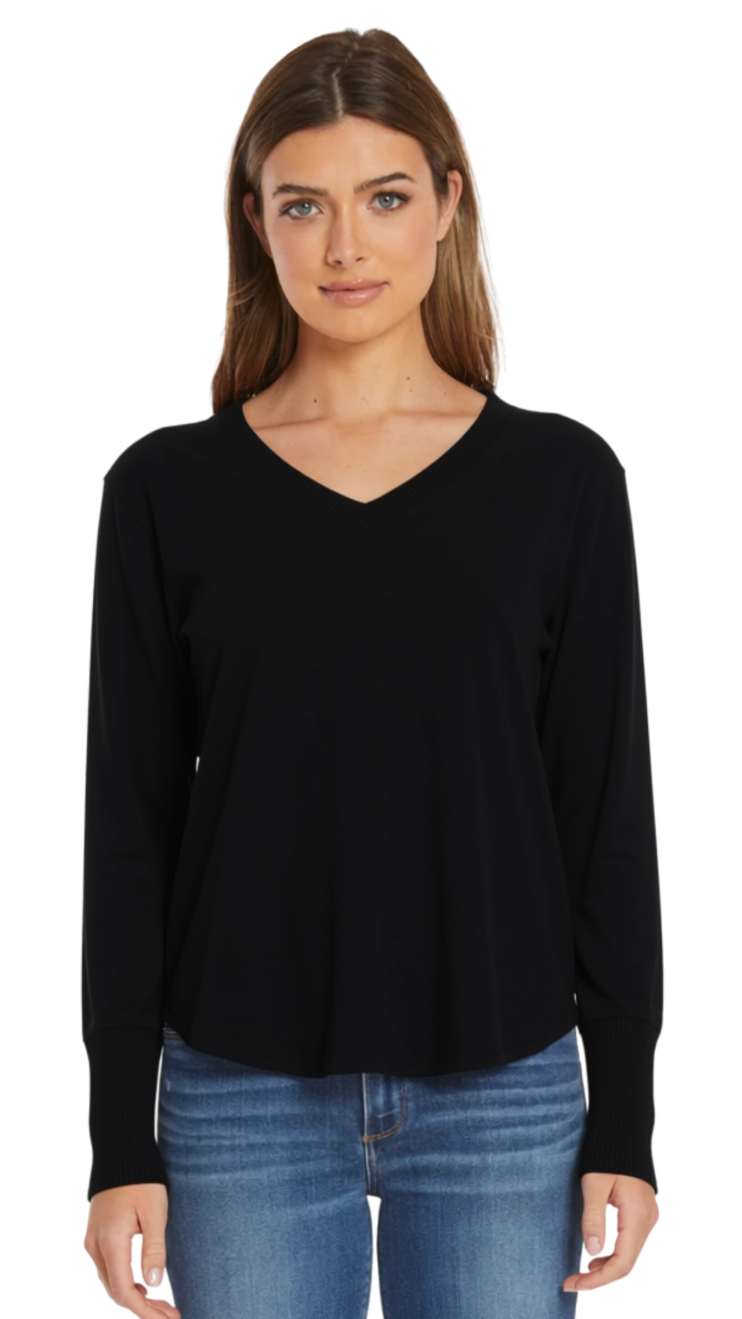 Waffle Knit Trims Raw Edge Bottom V-Neck Top. Style MOG-A6010