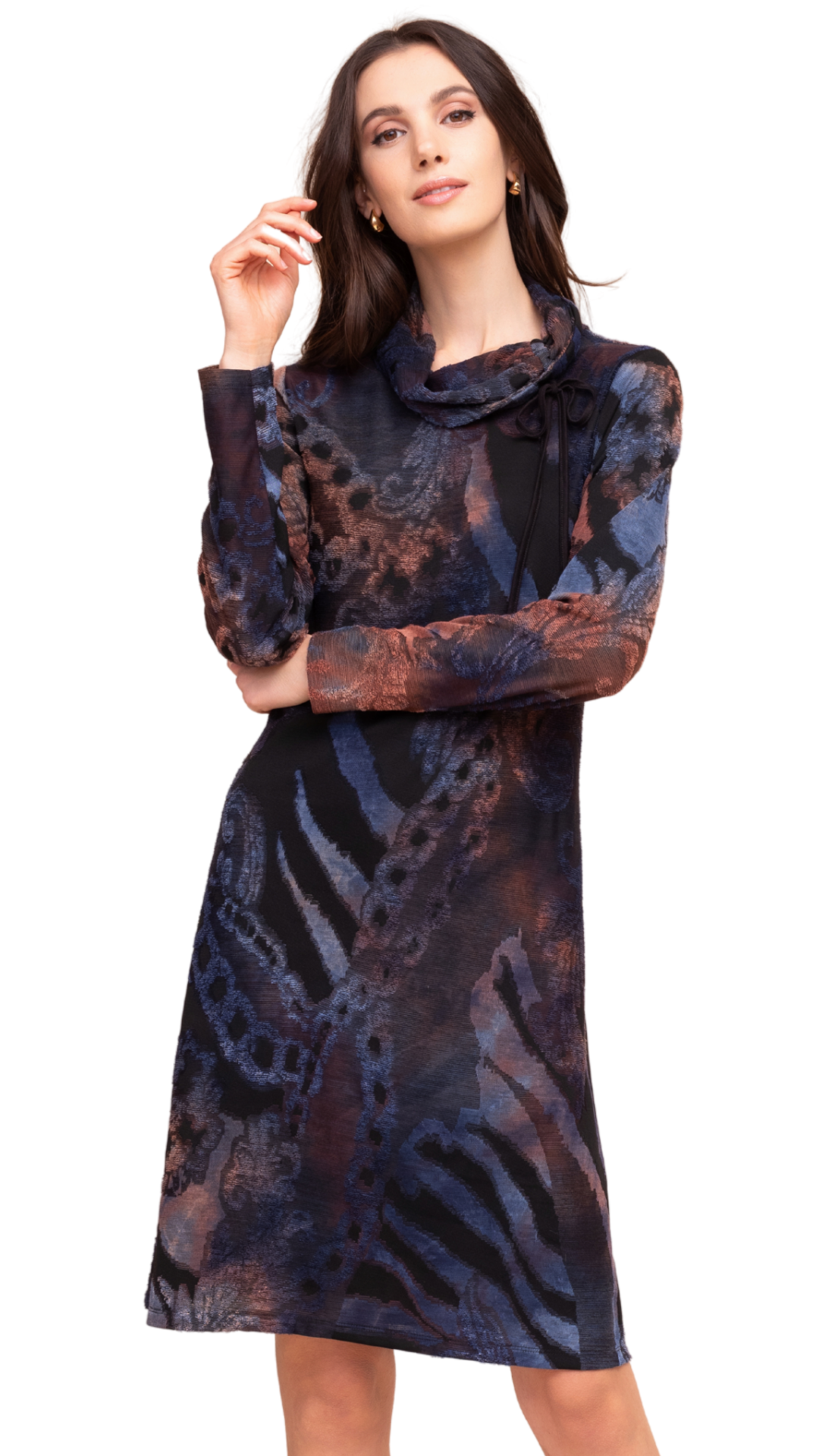 Cowl Neck All-Over Abstract Print Dress. Style ALS48202