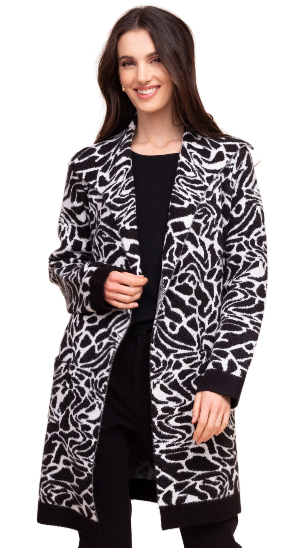 Open Front Ribbed Cuff Black & White Cardigan. Style ALSA48409