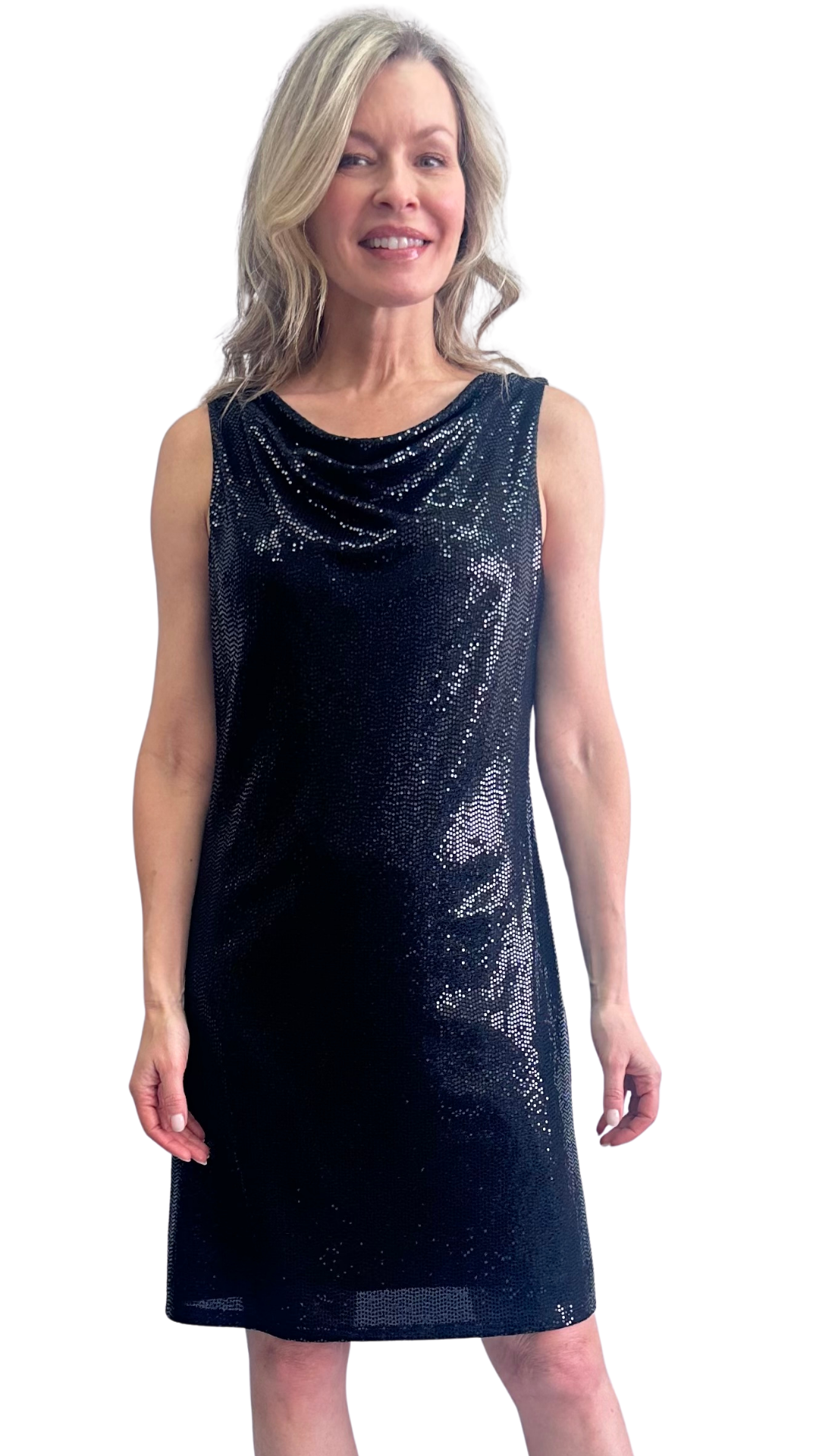 Sleeveless Cowl Neck Sequin Sparkle Dress. Style SW107019