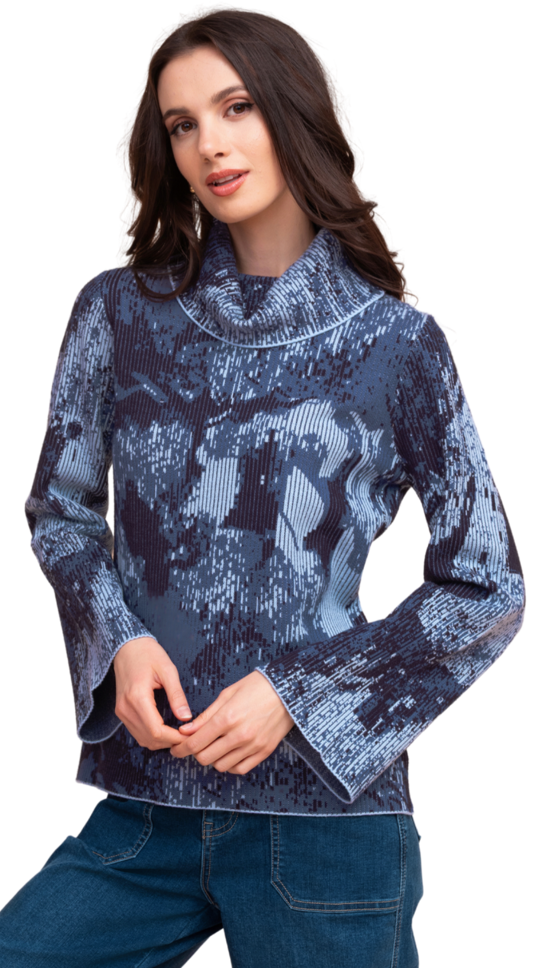 Cowl Neckline Blue & Black Abstract Print Sweater. Style ALSA48091