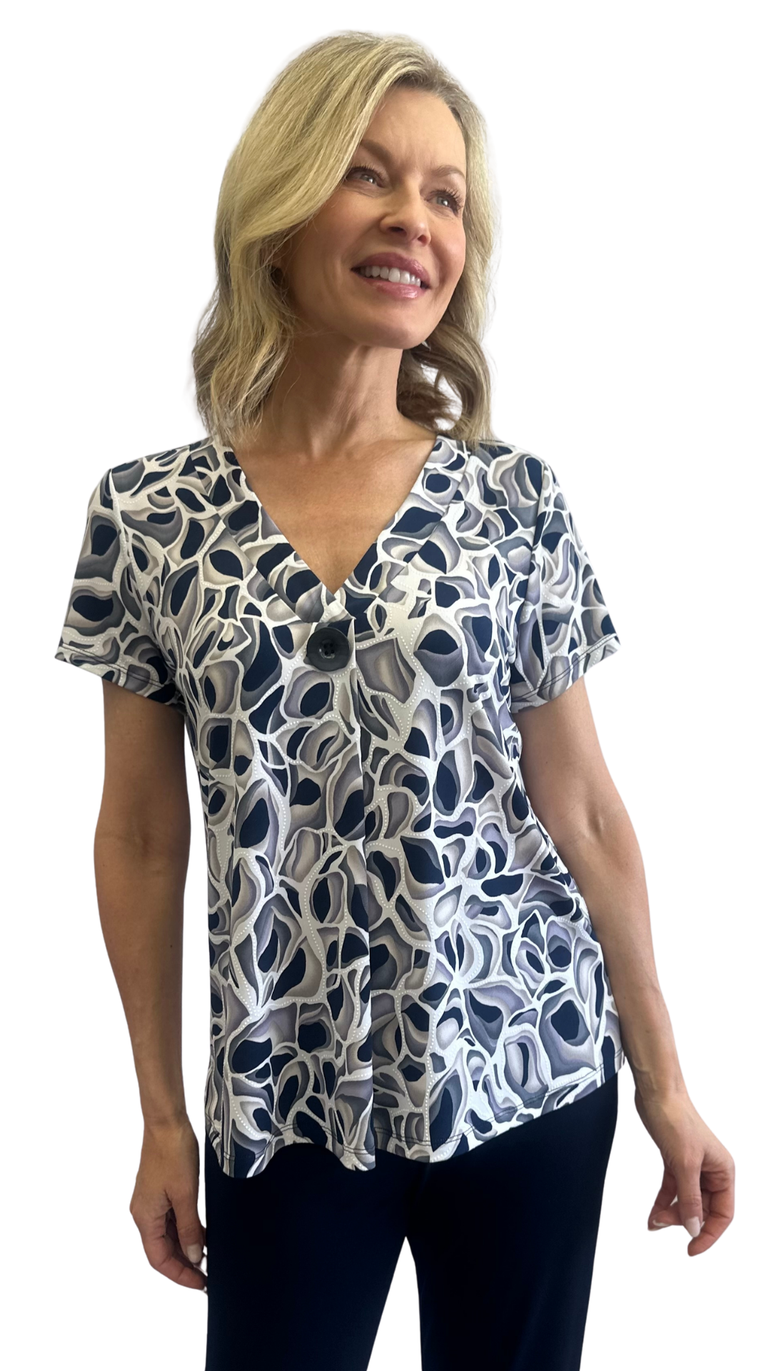Short Sleeve Button Detail & Pleated Front Top. Style SW202297