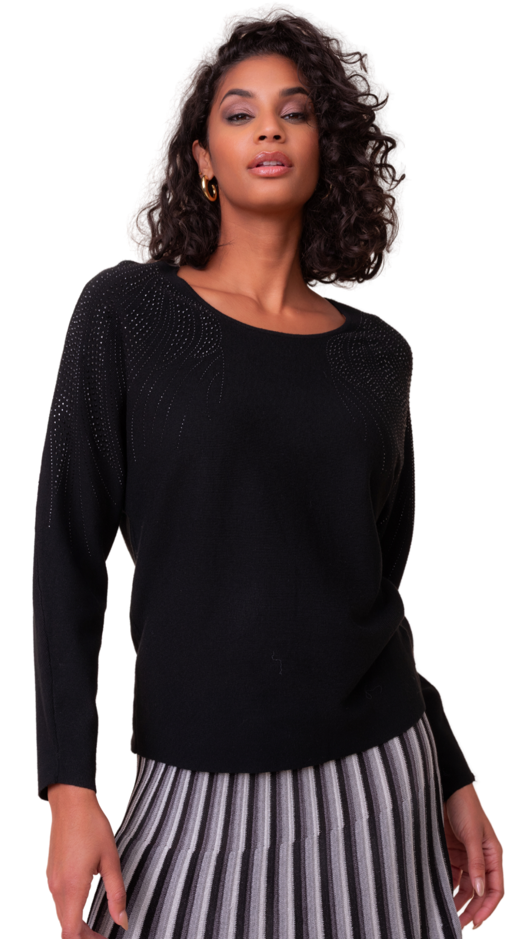 Black Rhinestone Detailed Shoulder Stretch Knit Sweater. Style ALSA48381