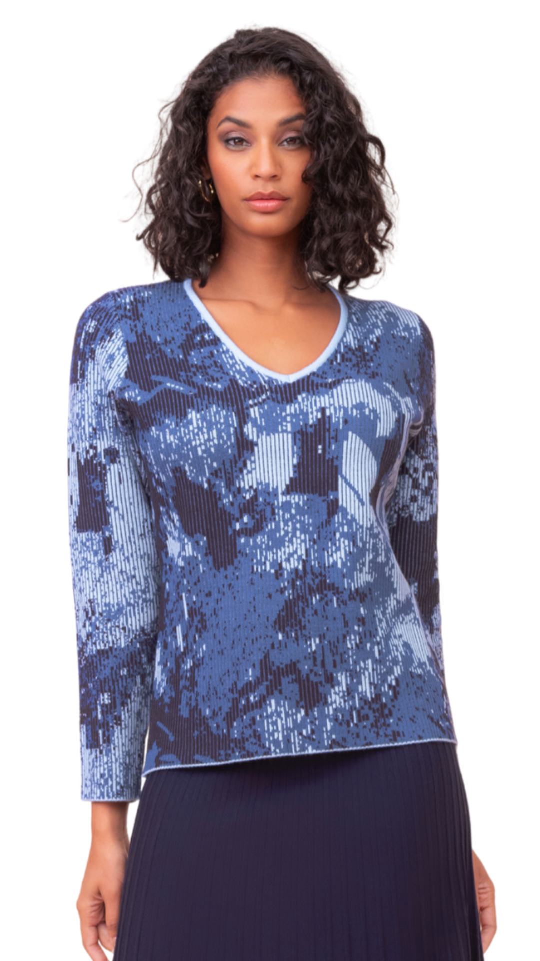 V-Neck Stretchy Ribbed Abstract Print Sweater. Style ALSA48101