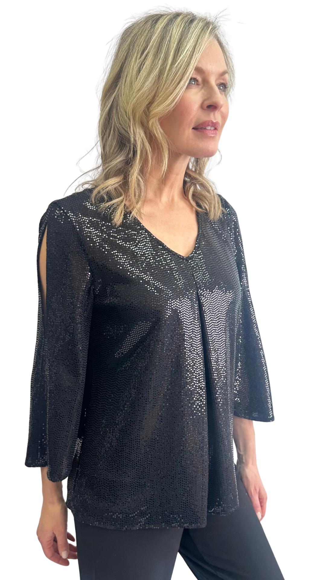 Holiday Soiree Sequin 3/4 Slit Sleeve V-Neck Sparkle Top. Style SW102040