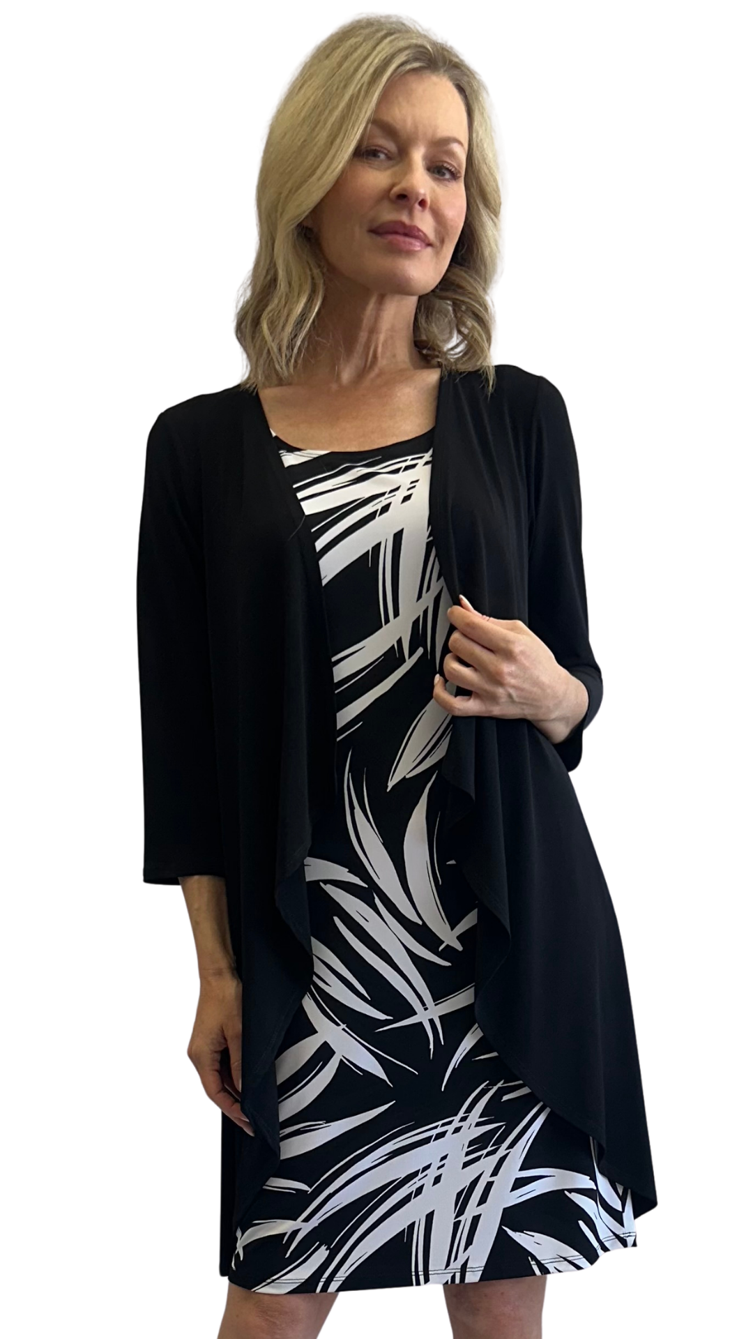 Two Piece Cardigan & Midi Length Abstract Print Dress Set. Style SW208208