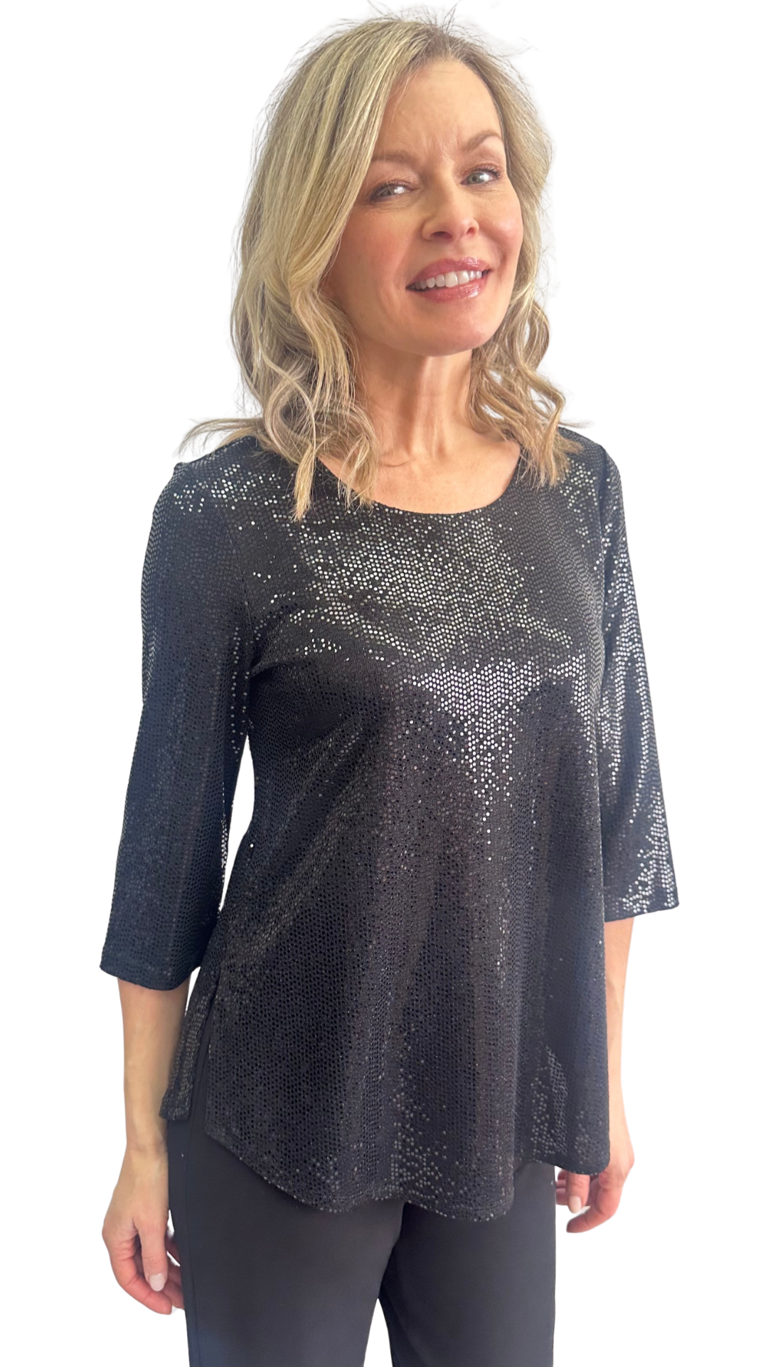 Holiday Soiree Round Neck 3/4 Sleeve Sparkle Top. Style SW102052