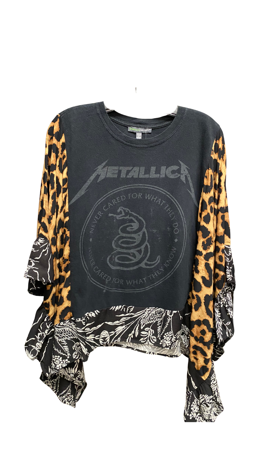 Band & Leopard Print Ruffle Poncho Sleeve Top. Style SHNP5768-LEOP