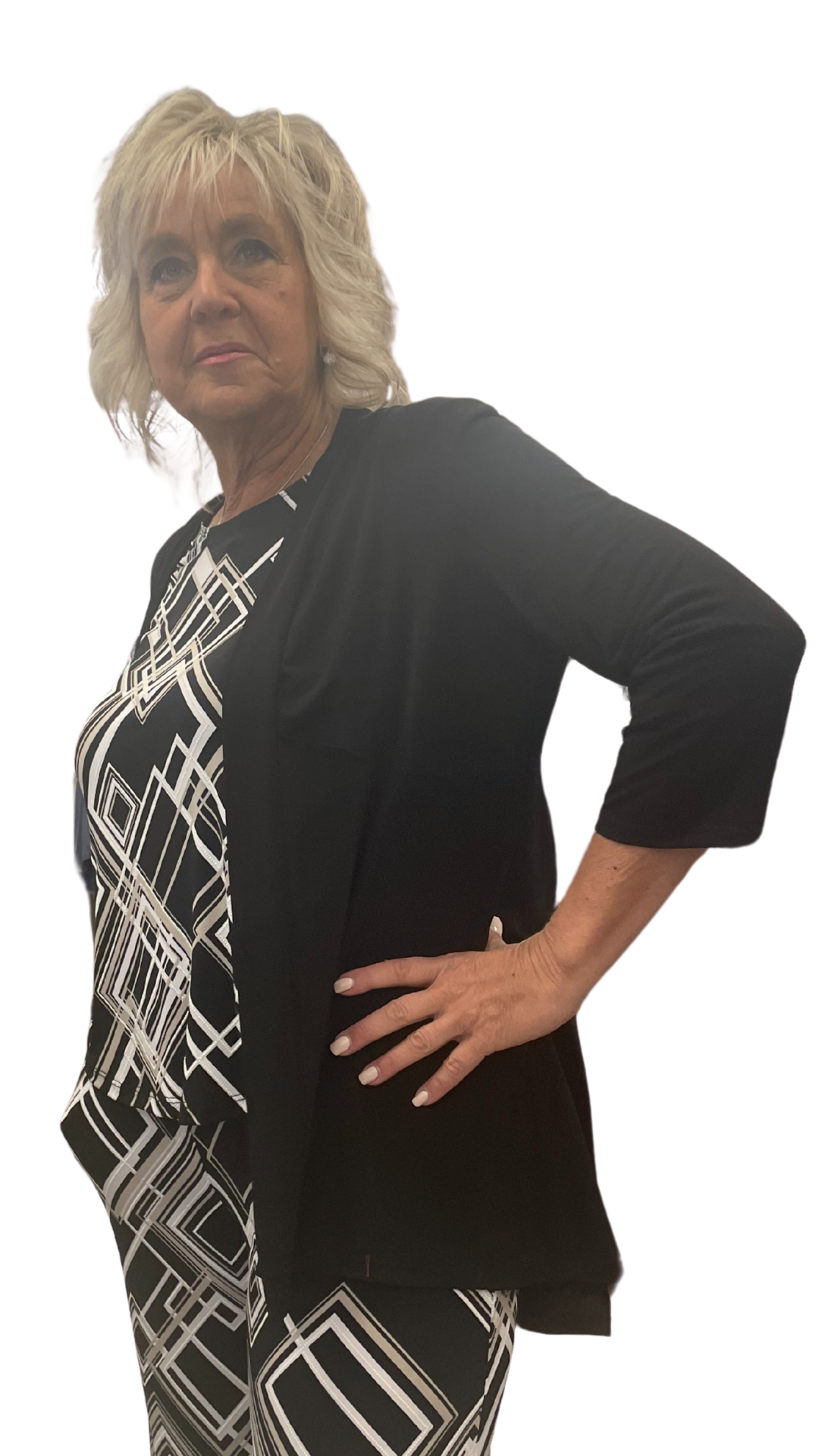 Petite Solid Black Open Front Cardigan. Style SW81200P