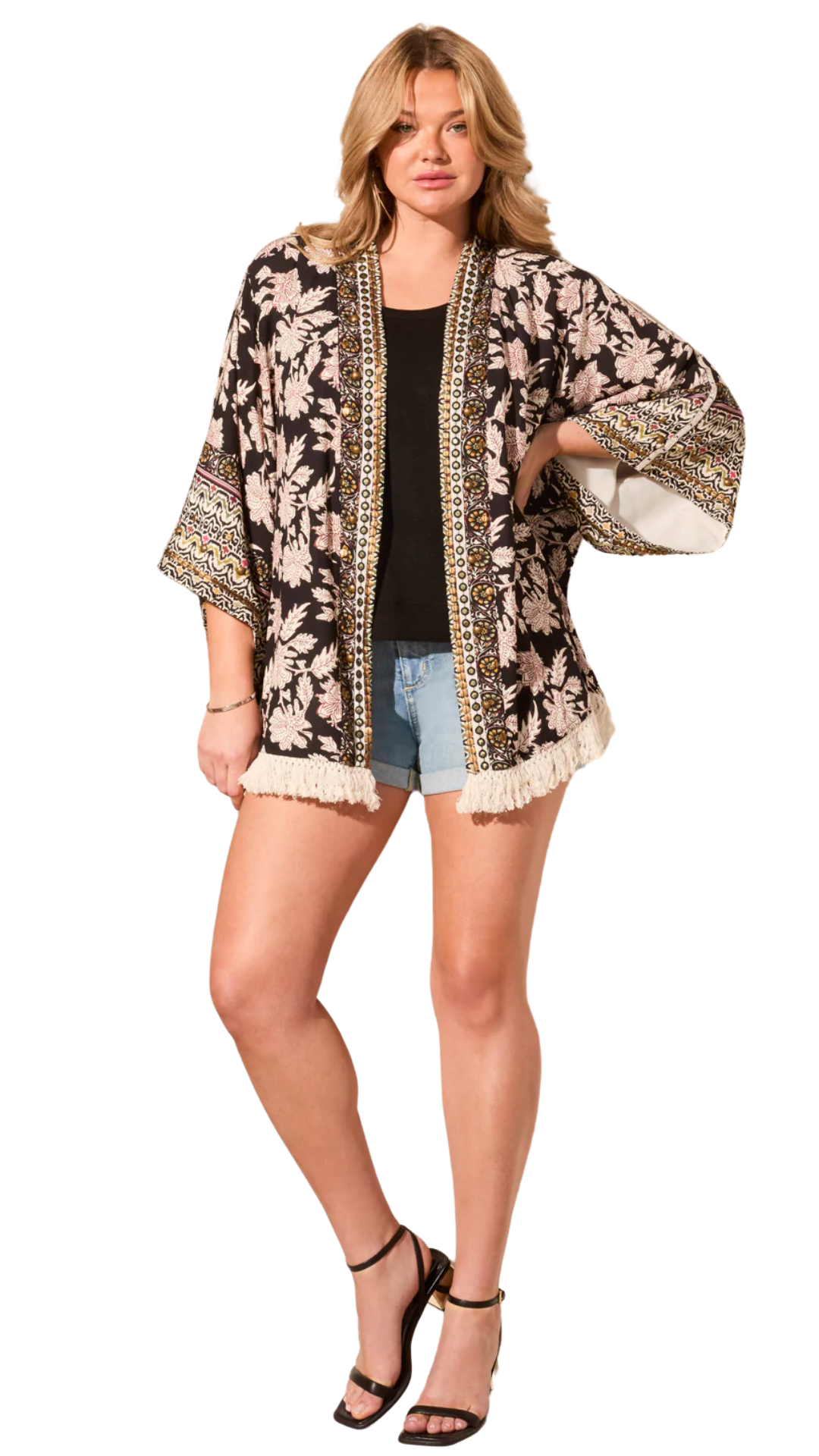 Embelished Kimono Sleeve Fringed Jacket. Style TR5856O-4930