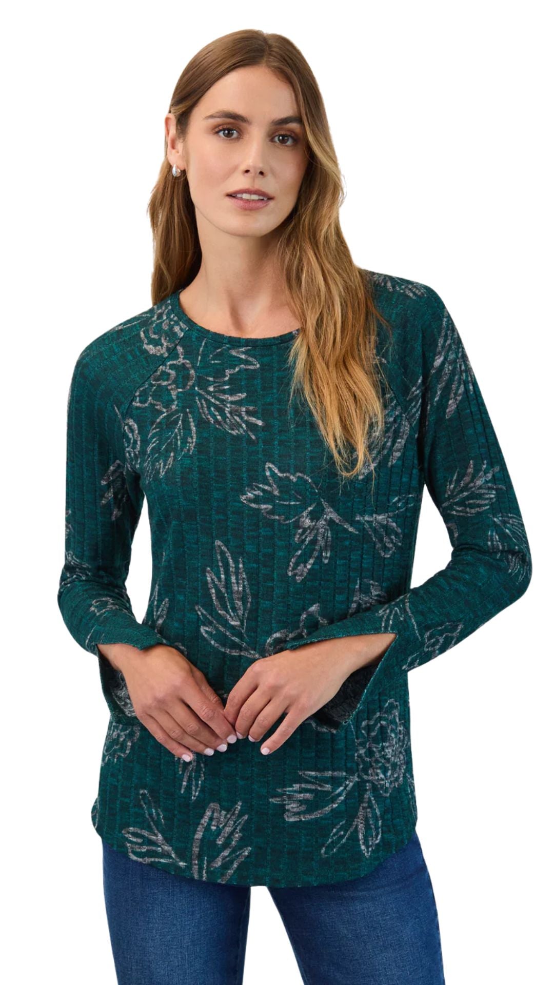 Long Sleeve Floral Print Ribbed Top. Style FD3421508