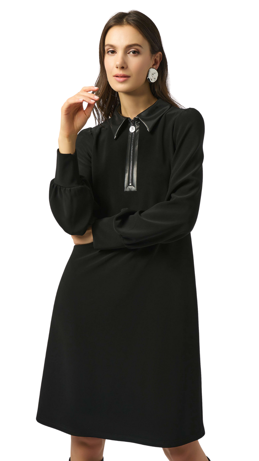 Silky Knit & Leatherette Trapeze Dress. Style JR253164