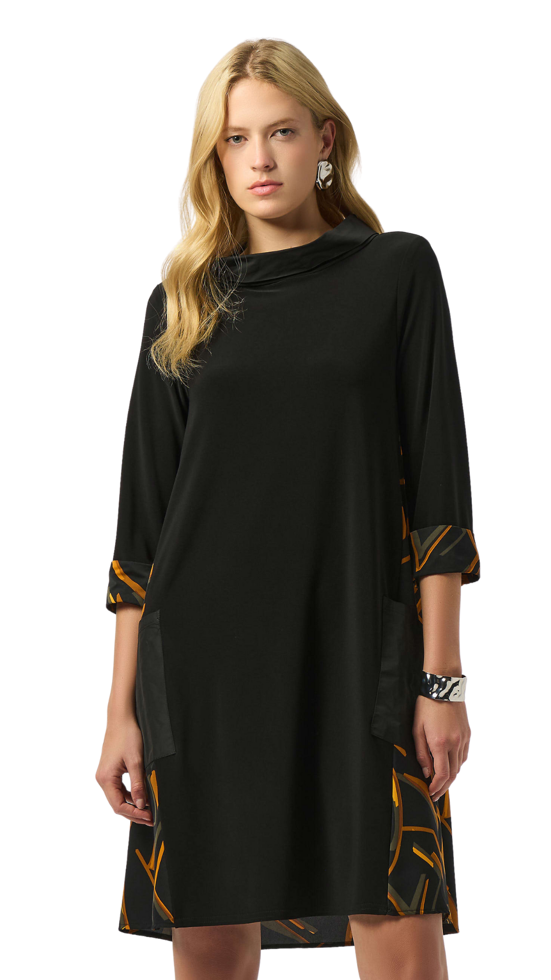 Recycled Woven Abstract Print And Silky Knit Dress. Style JR253186