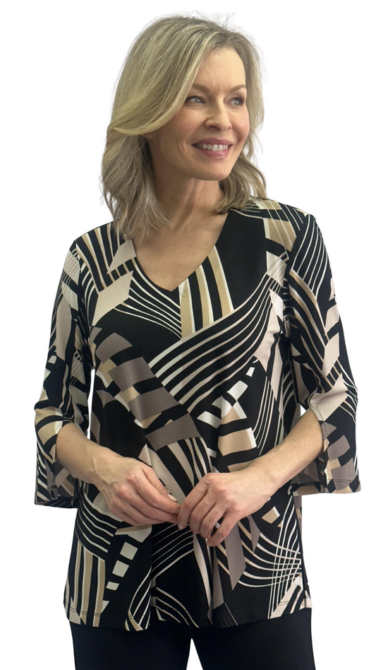 Brown & Black Abstract Print Back Slant Slit Top. Style SW102289