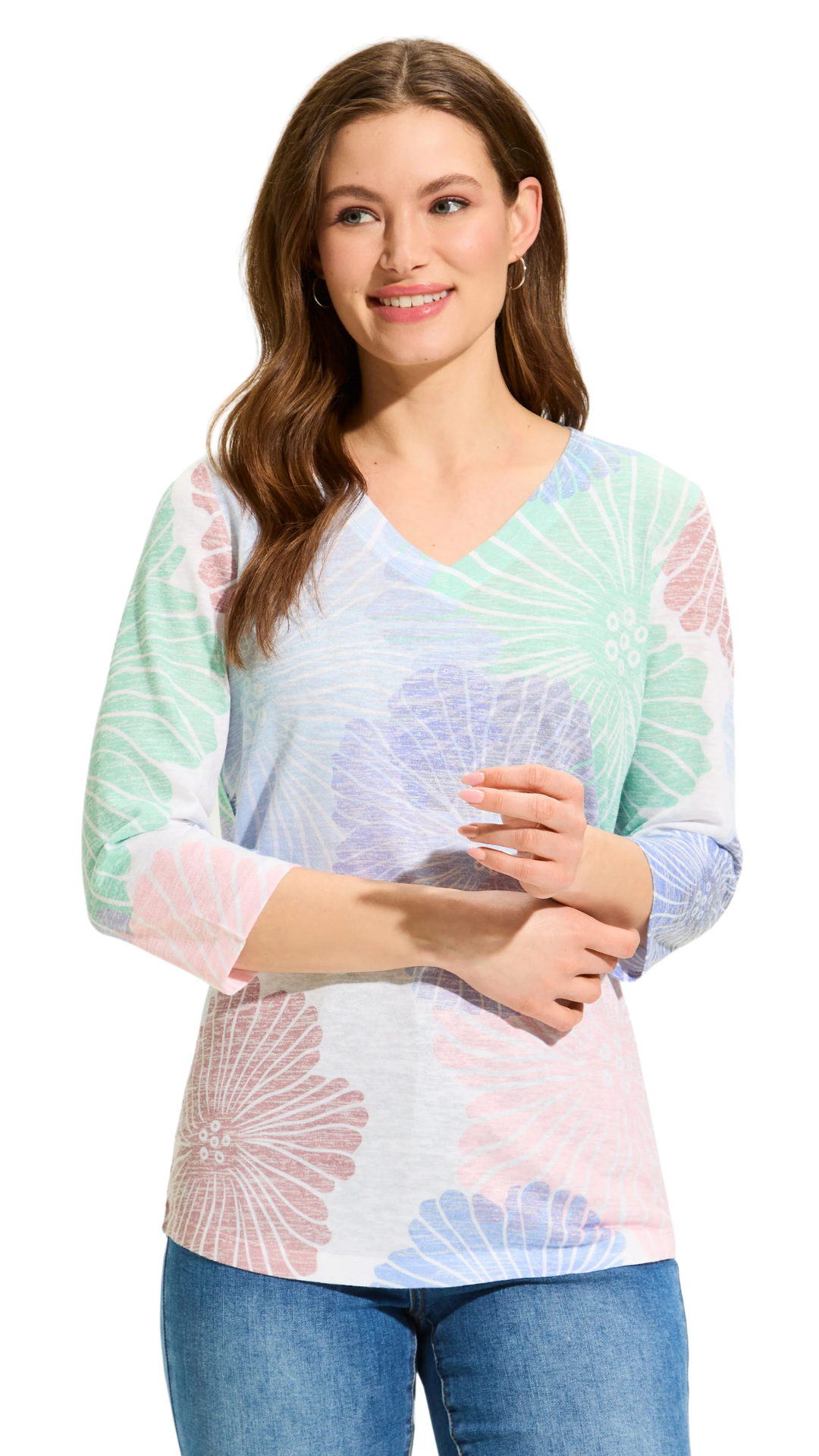 Jasmine 3/4 Sleeve V-Neck Top. Style FD3758435