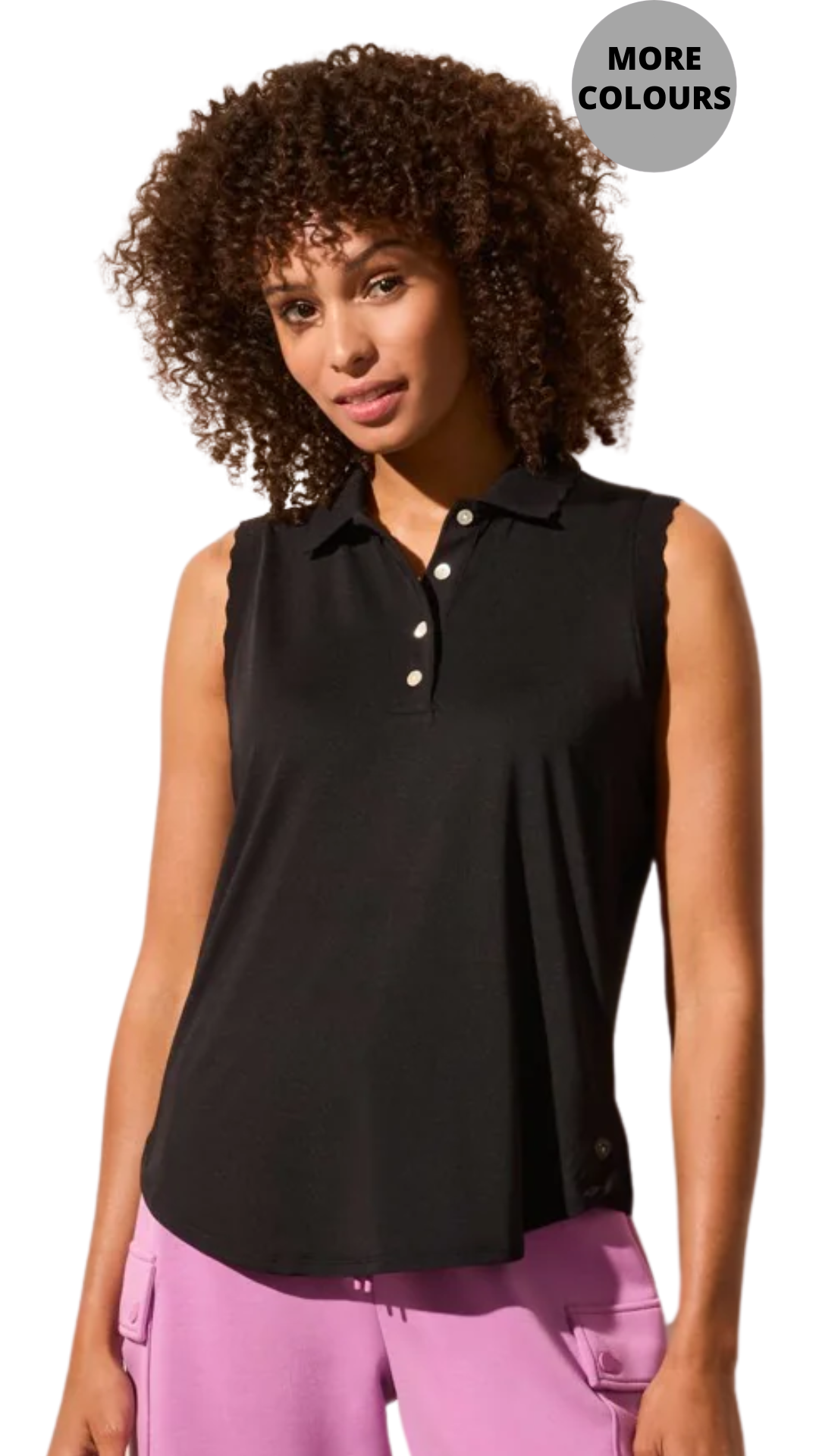 Sleeveless Scallop-Edge Rib Polo Top. Style TR2061O-3506