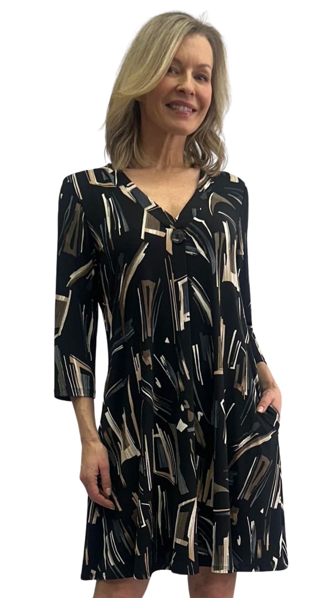 Front Pleat & Button Abstract Print Dress. Style SW107228