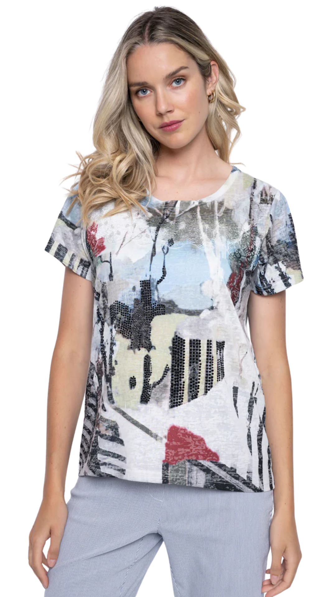 Short Sleeve Printed with Sequins & Rhinestones Top. Style PYGC104KR