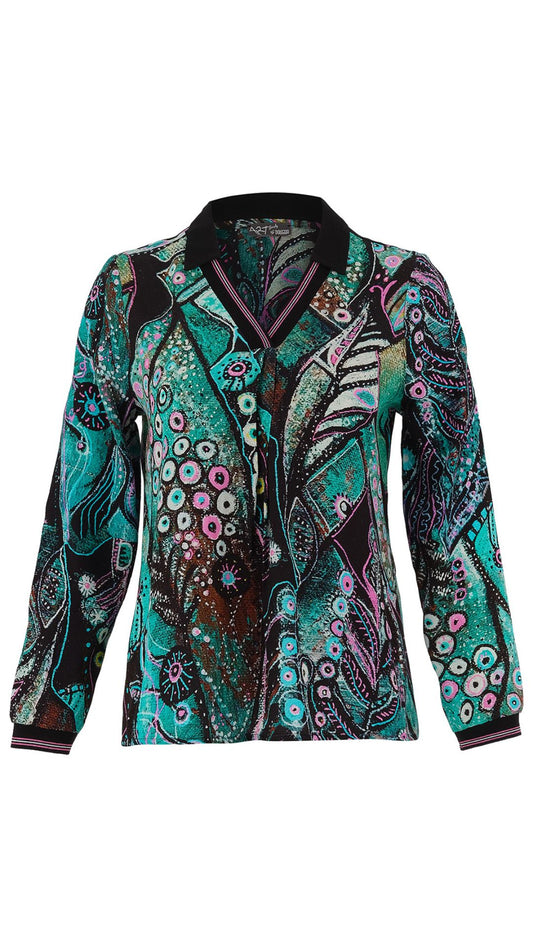 "Enchanted Island" Artist Print Collared Blouse. Style DOLC75723