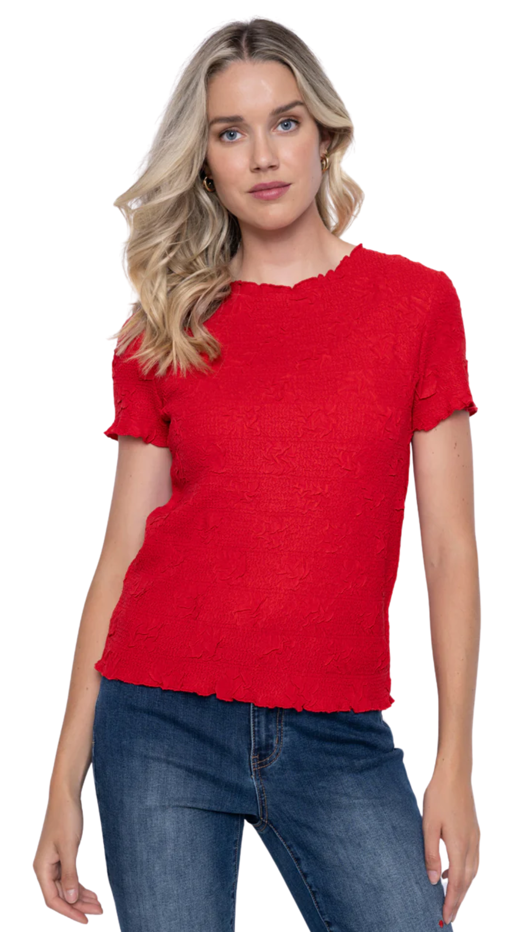 Short Sleeve Tomato Colour Pleated Top. Style PYGM214