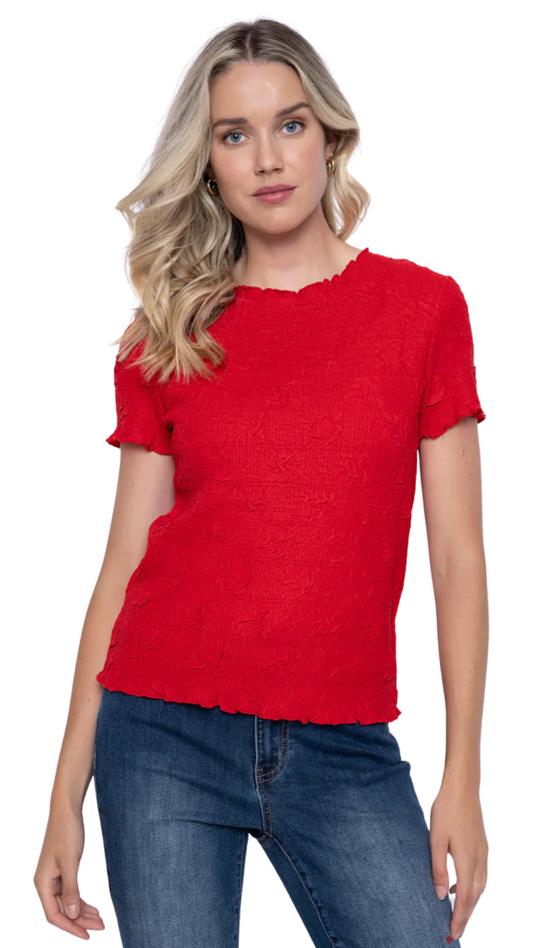 Short Sleeve Tomato Colour Pleated Top. Style PYGM214
