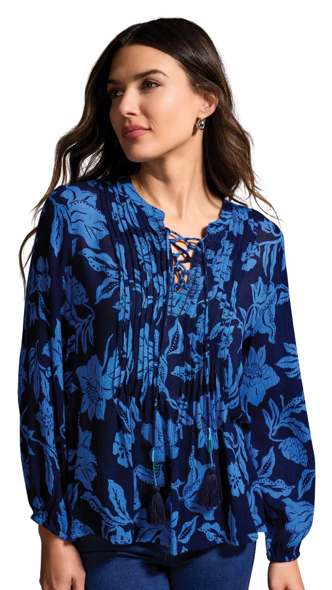 Blue Flower Print Lace Necktie Blouse. Style TR5989O-5101