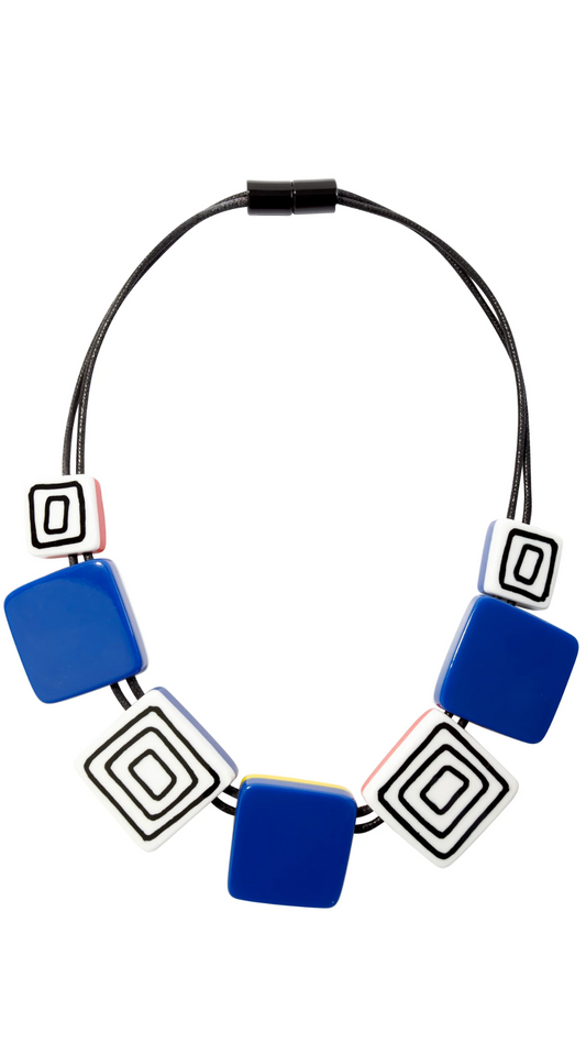 Vertigo Collection - Blue & Patterned Square Bead Necklace. Style 3440150BLUEQ07