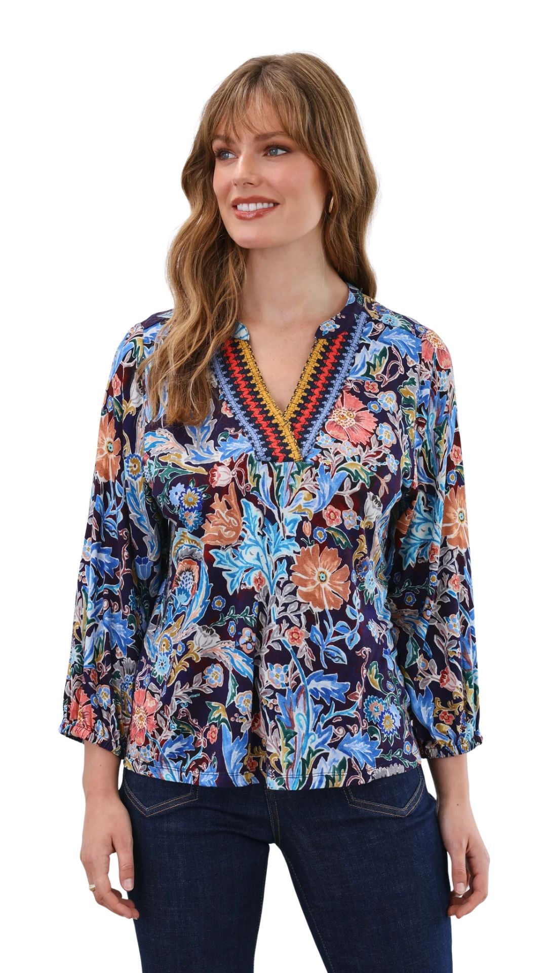 Damask Watercolour Embellished Neck Top. Style FD3188153