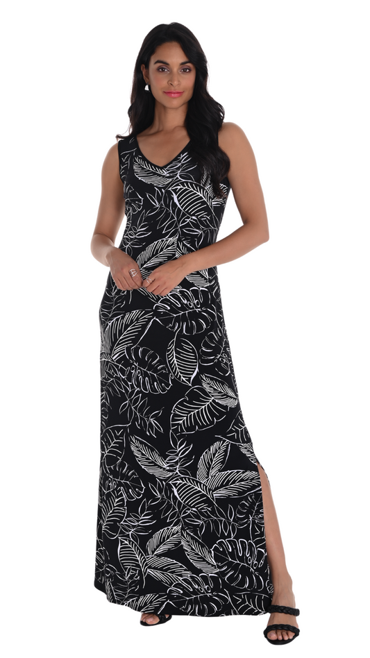 Sleeveless Maxi Length Leaf Print Dress. Style FL251356