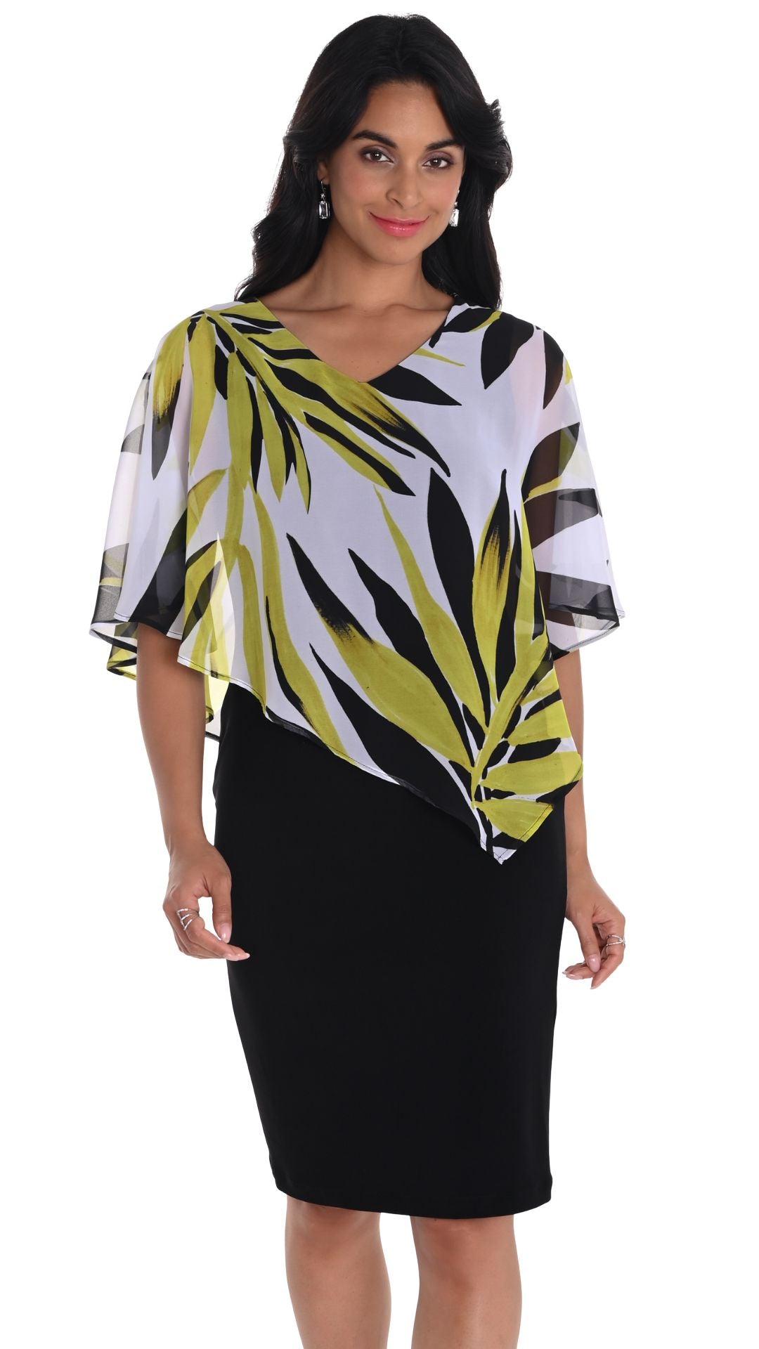 Leaf Print Chiffon Cape Overlay Dress. Style FL251324