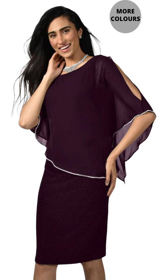 Chiffon Cape Overlay Ribbed Dress. Style FL219203