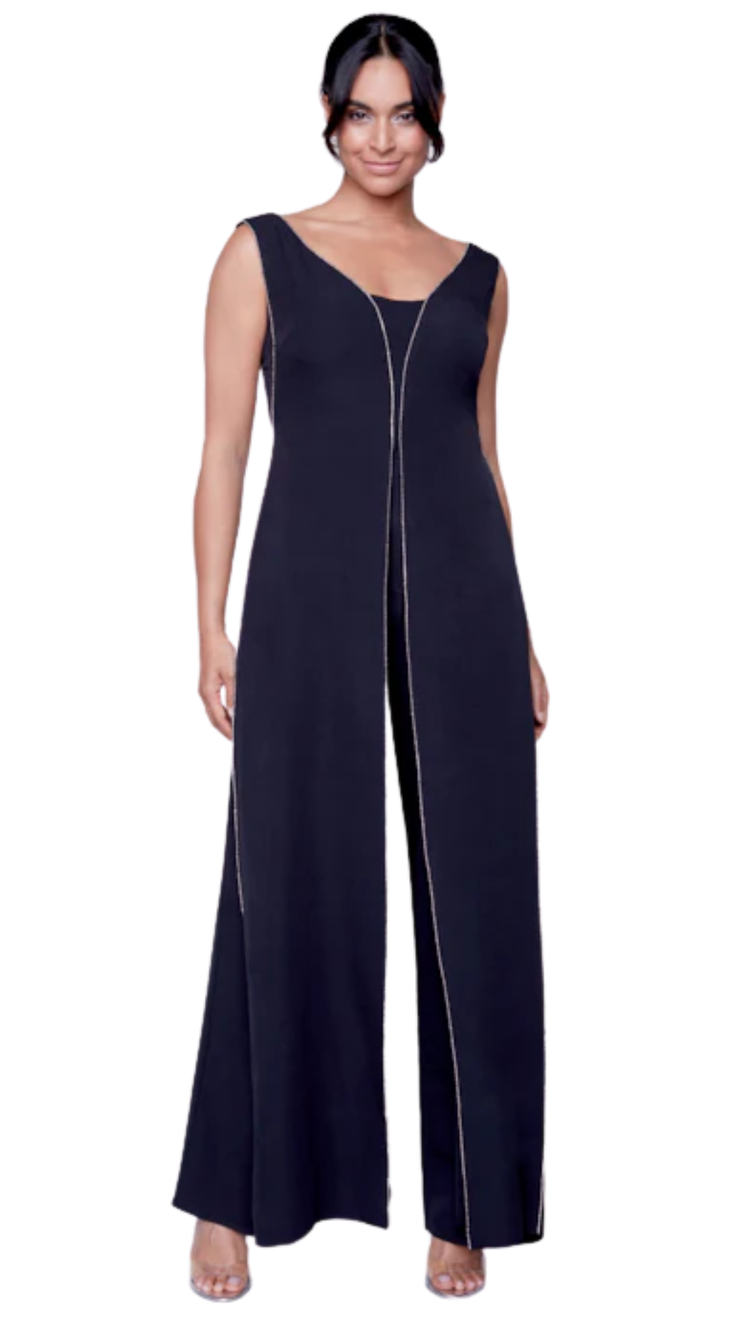 Black Sleeveless Rhinestone Trim Jumpsuit. Style CK50007