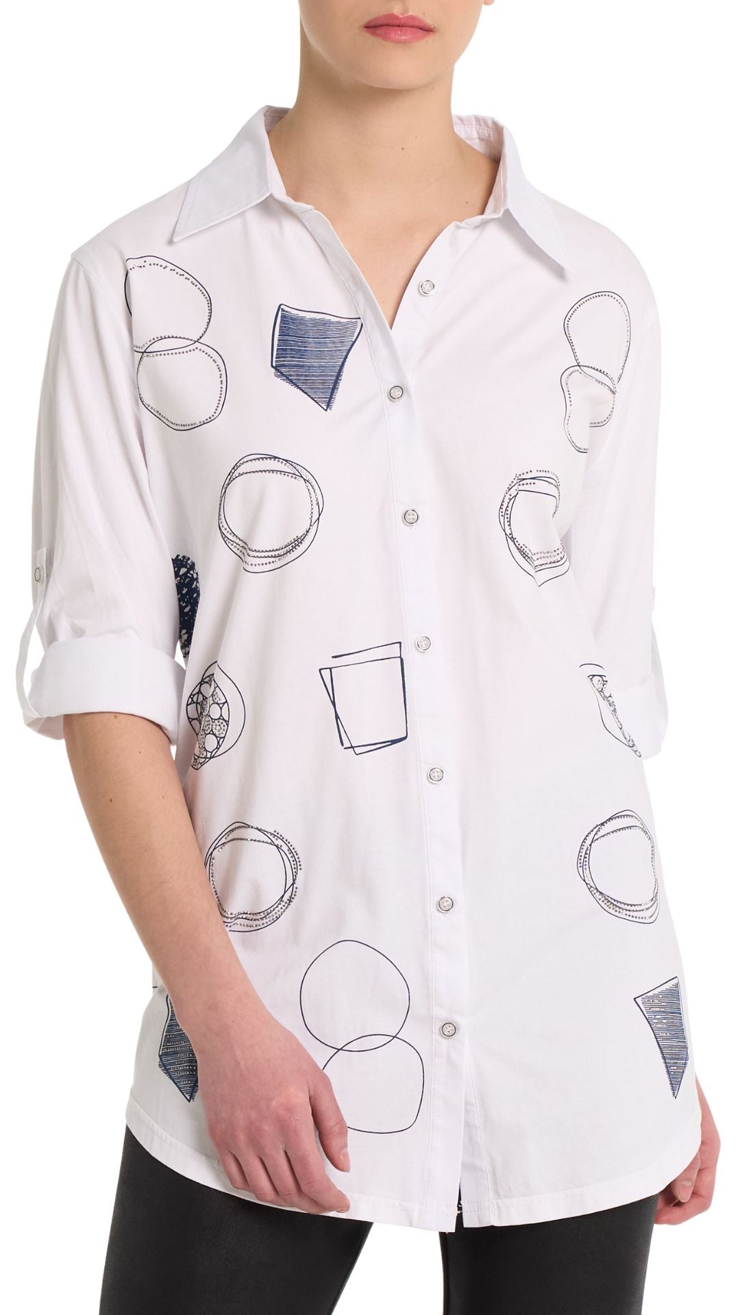 Shape Print & Rhinestone Details Button Front Top. Style MIKBL26