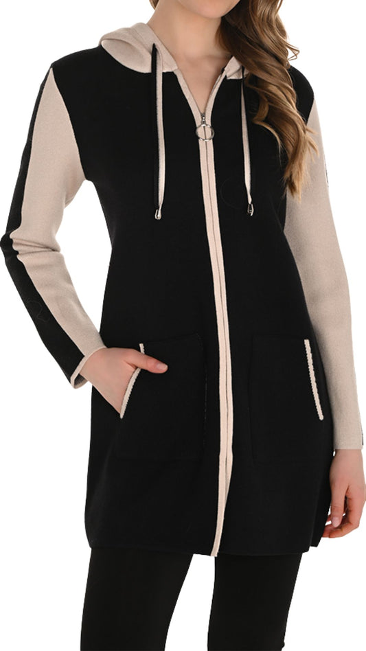 Black & Beige Hooded Zip Front Jacket. Style FL254915