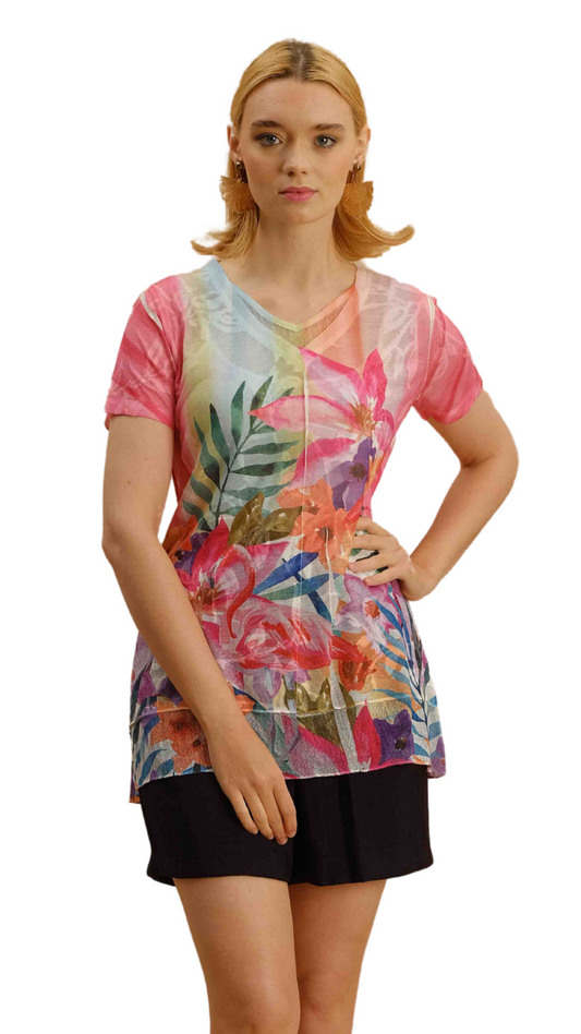 Mesh Floral Short Sleeve Top. Style CAT125154