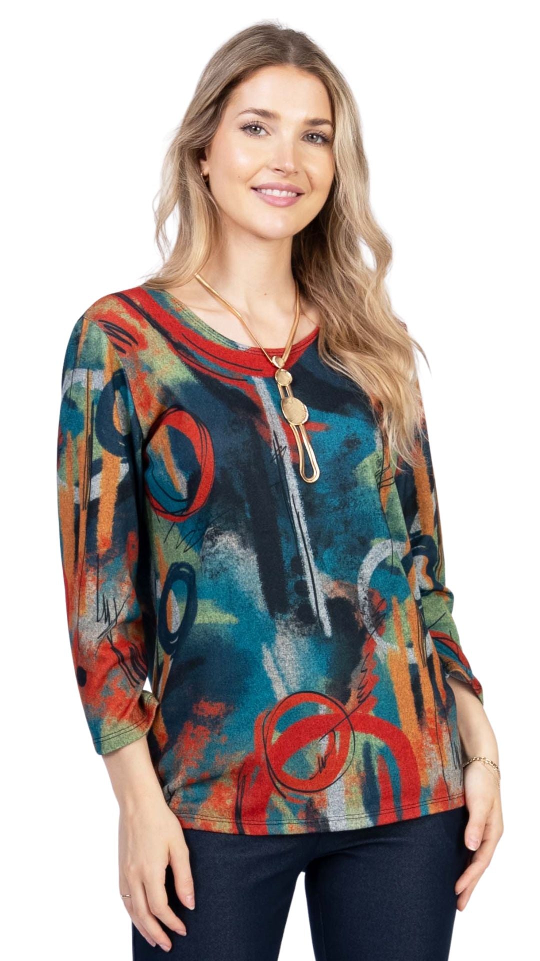Round Neck 3/4 Sleeve Abstract Print. Style JDA4251-2
