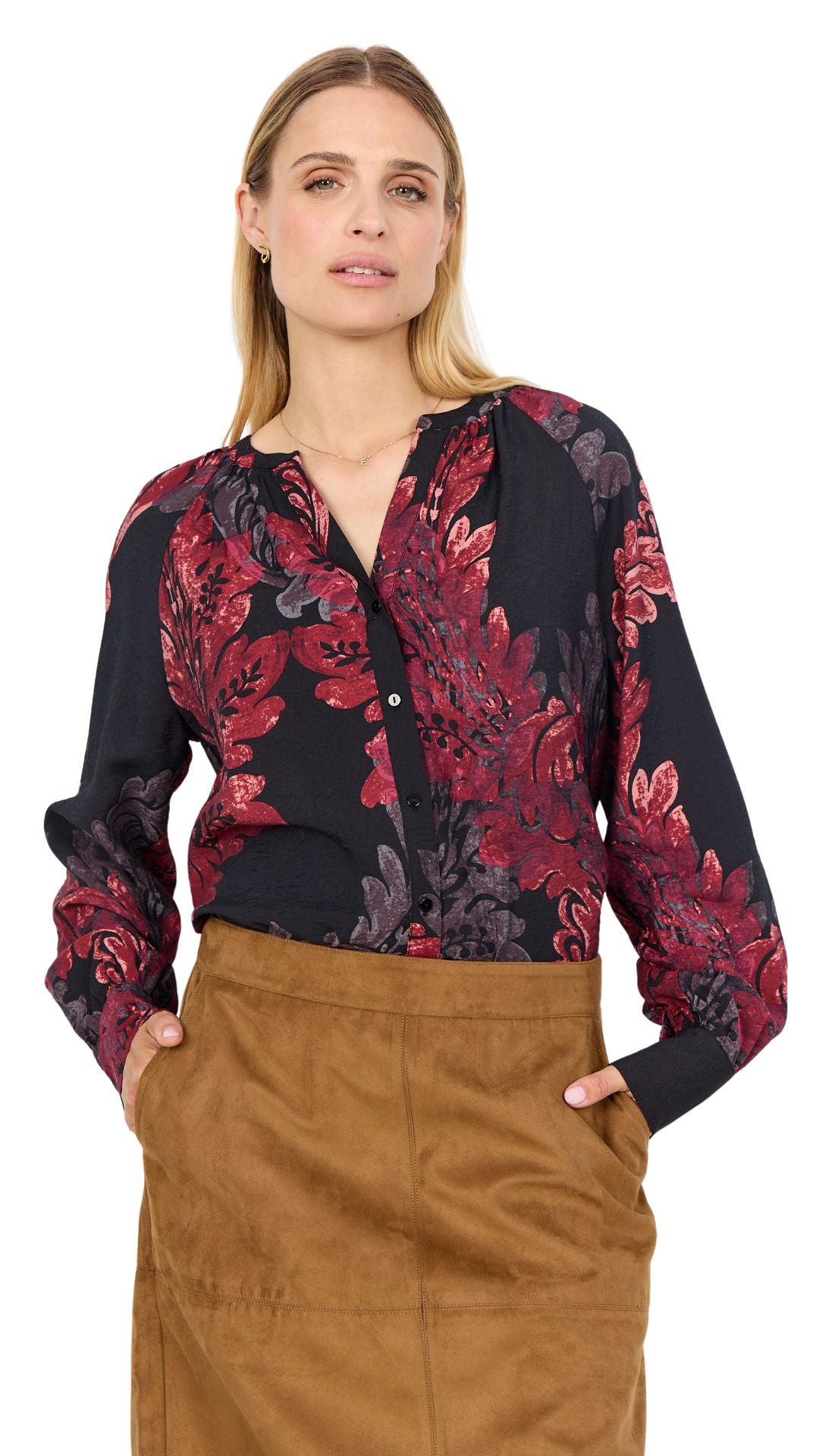 Black & Red Abstract Pattern V-Neck Button Front Top. Style SOYA4F41394