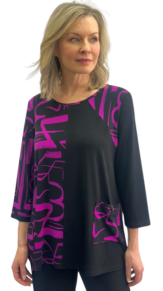 Fuchsia & Black Colour Block Pattern Top. Style SW102293