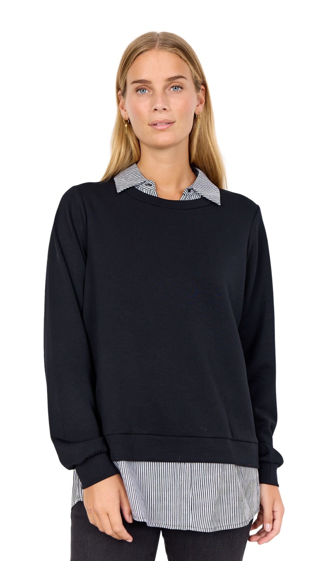 Striped & Black Long Sleeve Collar Layered Top. Style SOYA4F27274