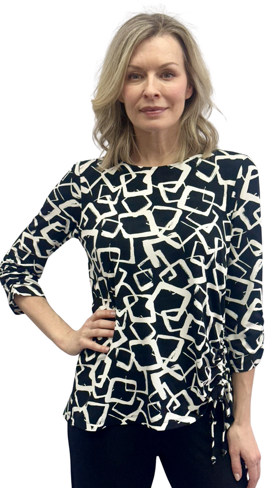 Black & Ivory Abstract Pattern Rouching Detail Top. Style SW102521