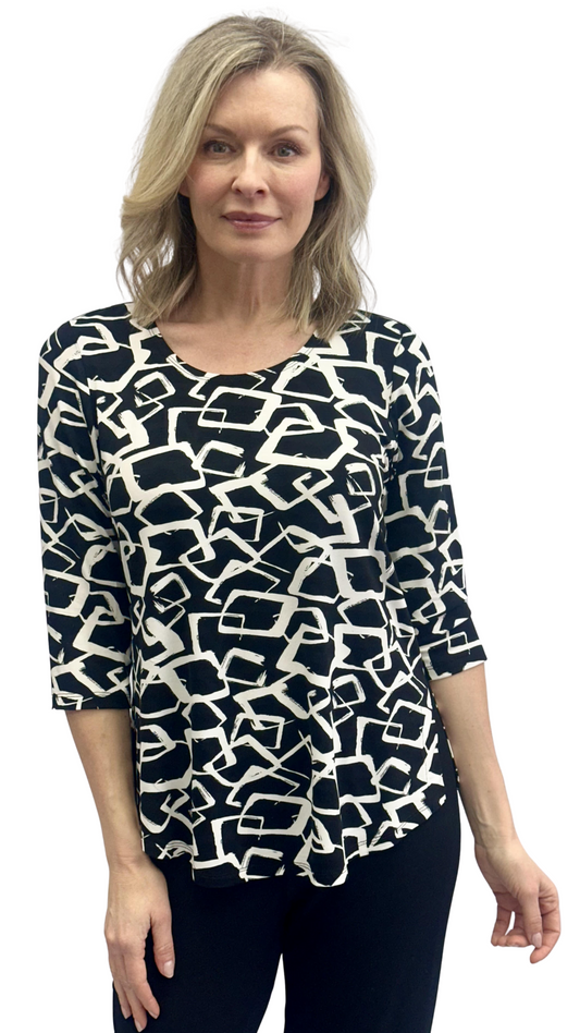 Black & Ivory Abstract Print Side Slit Top. Style SW102519