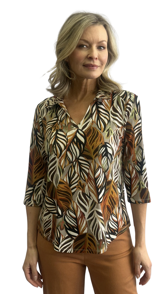 Brown Tones Leaf Print Top. Style SW102303