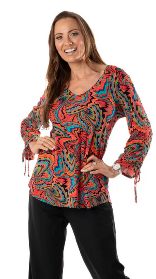 Printed Drawstring Ruching 3/4 Sleeve Top. Style PE606-4578