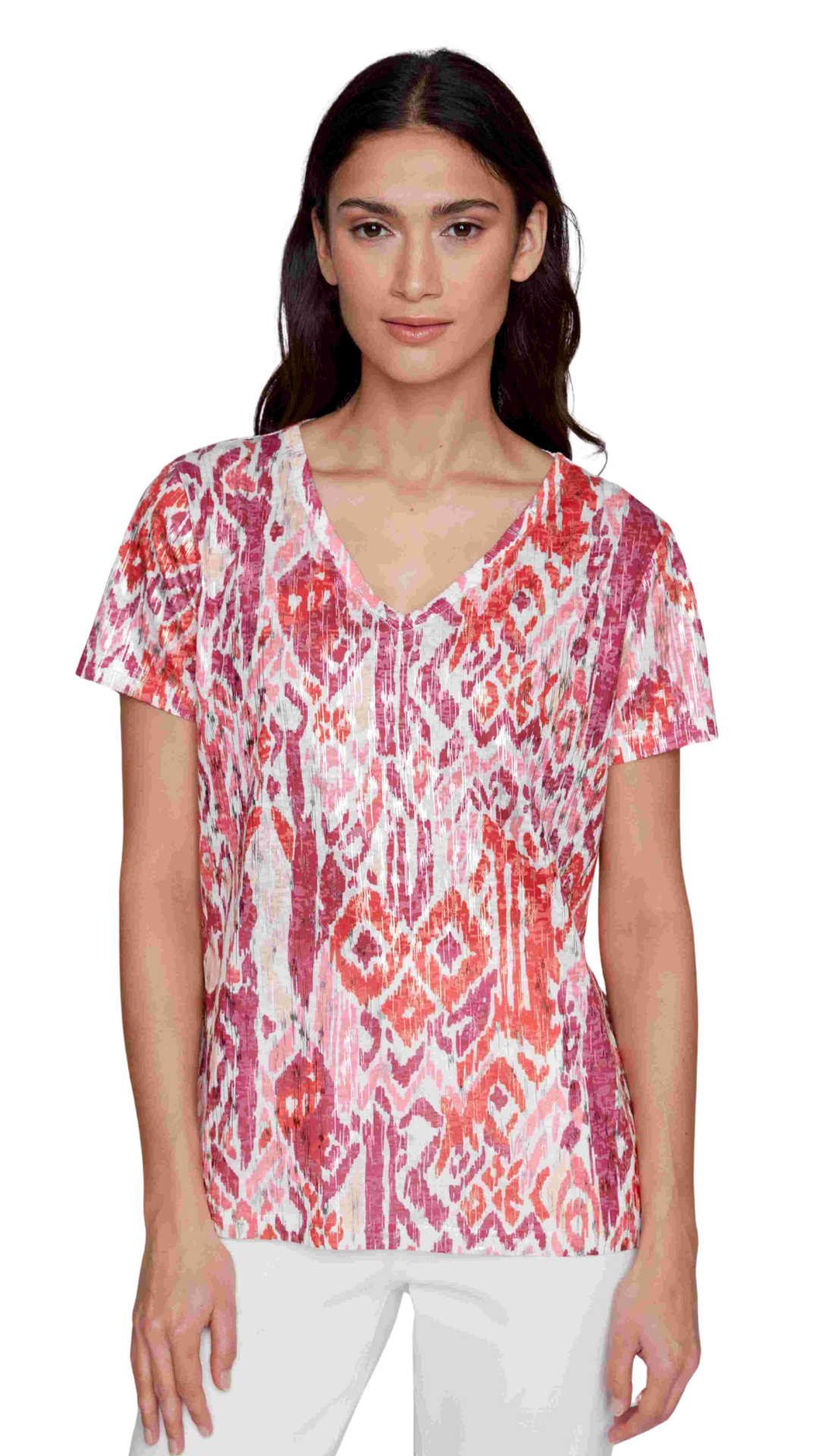 Pink & Orange Abstract Pattern V-Neck Short Sleeve Top. Style CYC2516070