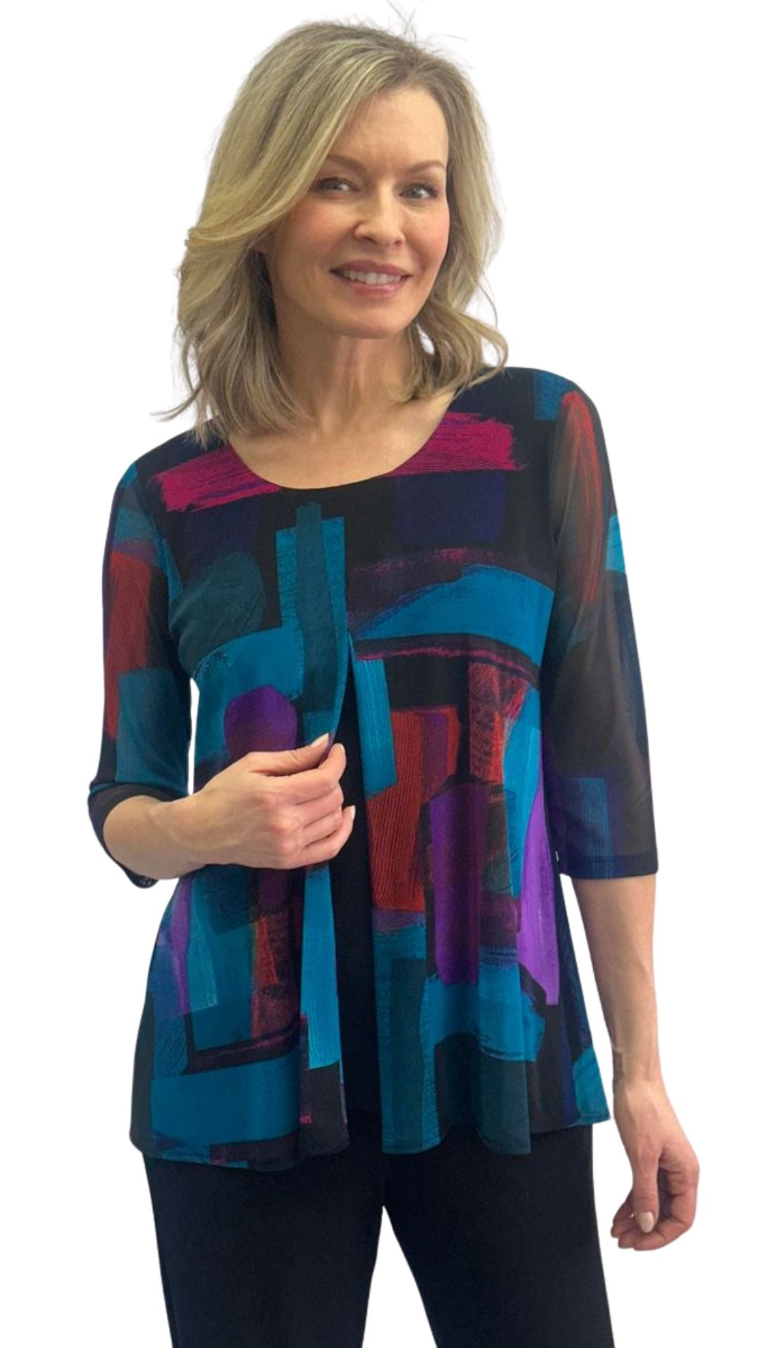 Abstract Print Overlay 3/4 Sleeve Top. Style SW102263